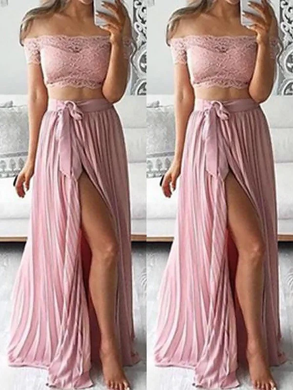 A-Line/Elegant Off-the-Shoulder Sleeveless Chiffon Floor-Length Lace Two Piece Prom Dresses