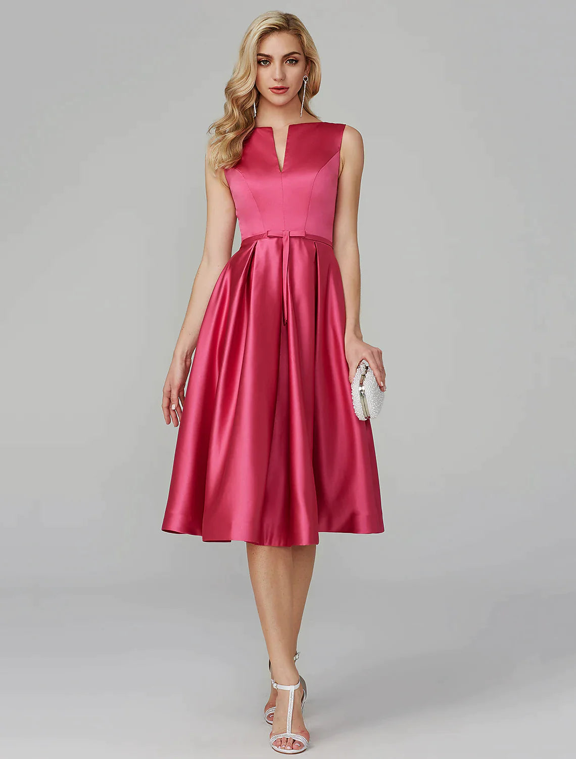 A-Line Party Dress Wedding Knee Length Sleeveless V Satin with Sash Ribbon Tunics Yoga stretchy