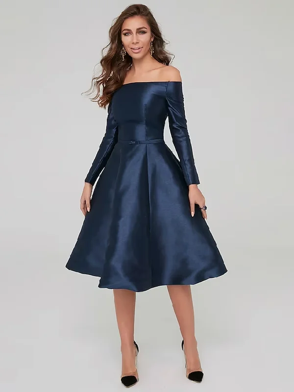 A-Line Special Occasion Dresses Party Dress Wedding Guest Knee Length Long Sleeve Off Shoulder Satin with Pleats Turtleneck Neckline Stylish