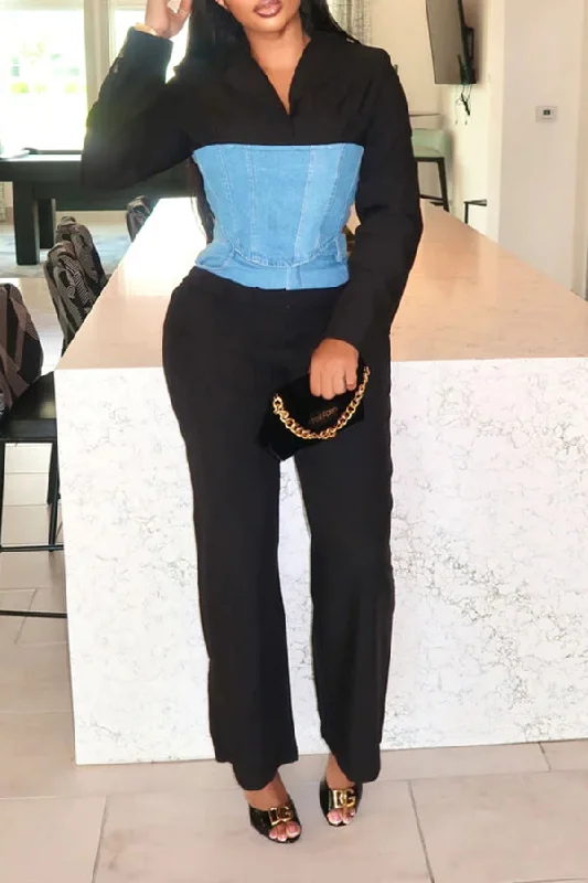 Denim Patchwork Hit Color On-trend Pant Suit Elegant Silk Pants