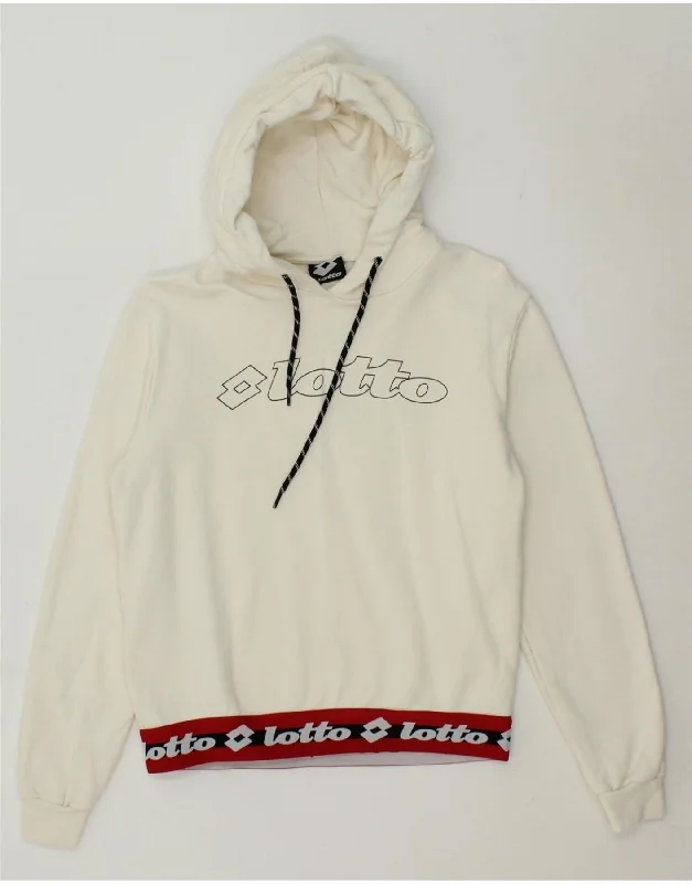 LOTTO Womens Graphic Oversized Hoodie Jumper UK 6 XS White Cotton Hoodie with Hem Frayed Vintage Worn LOTTO Womens Graphic Oversized Hoodie Jumper UK 6 XS White Cotton Hoodie with Hem Frayed Vintage Worn