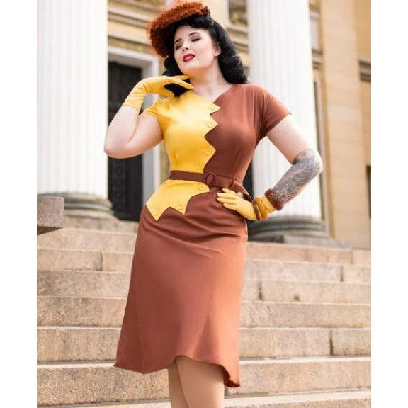 Star Struck Clothing Sawtooth Color Block Dress in Marigold and Brown Boatneck Modish Everyday