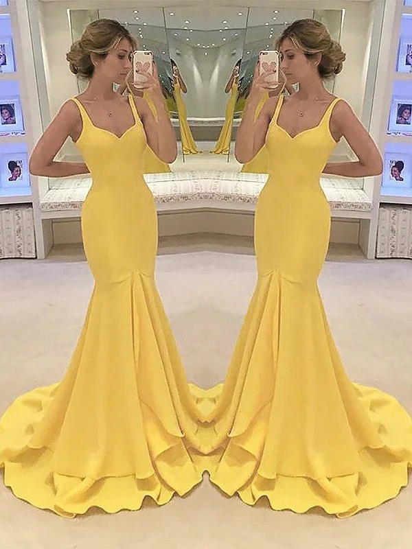 Mermaid Spaghetti Straps Sleeveless With Layers Satin Prom Dresses