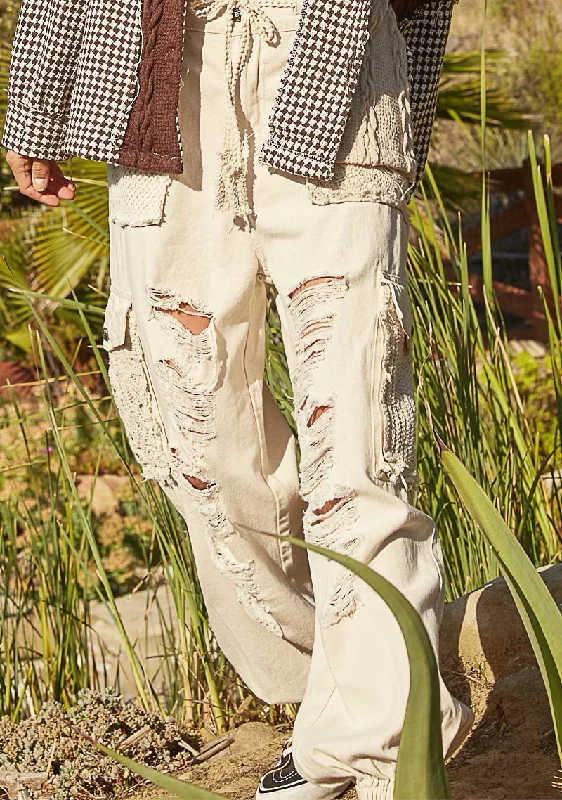 Oat Vintage Washed Crochet Jogger Pants Comfortable Denim Trousers