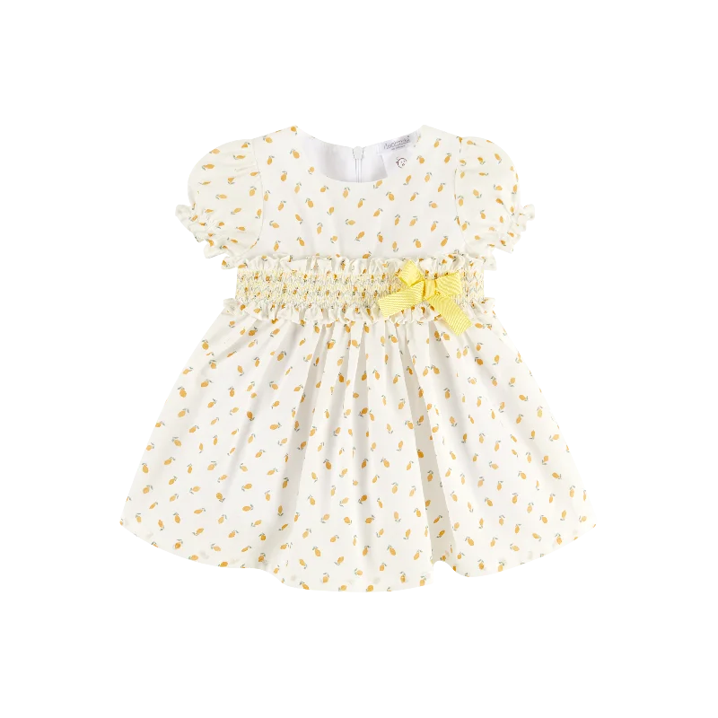 SS23 Deolinda White & Lemon Print Smocked Dress Elegant Long Evening