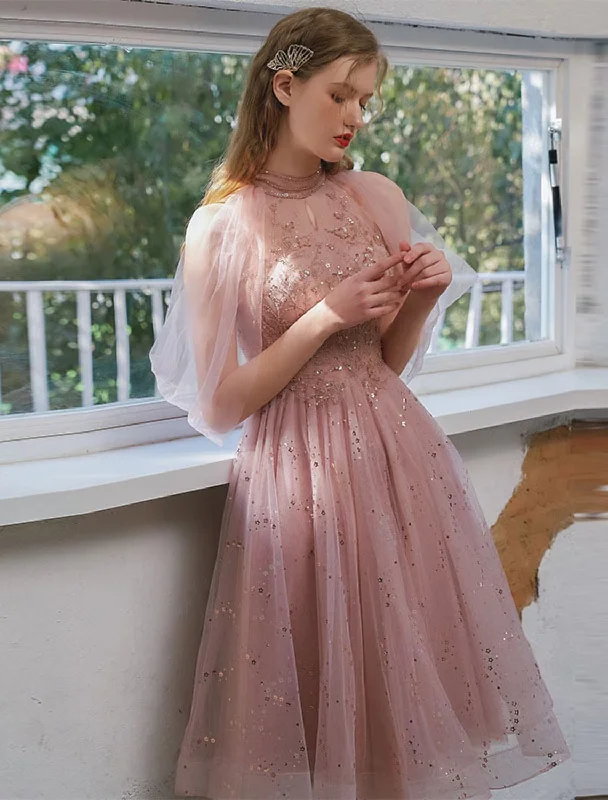 A-Line Cocktail Dresses Party Dress Engagement Knee Length 34 Length Sleeve Jewel Neck Tulle with Sequin Appliques Tunics Short Trendy