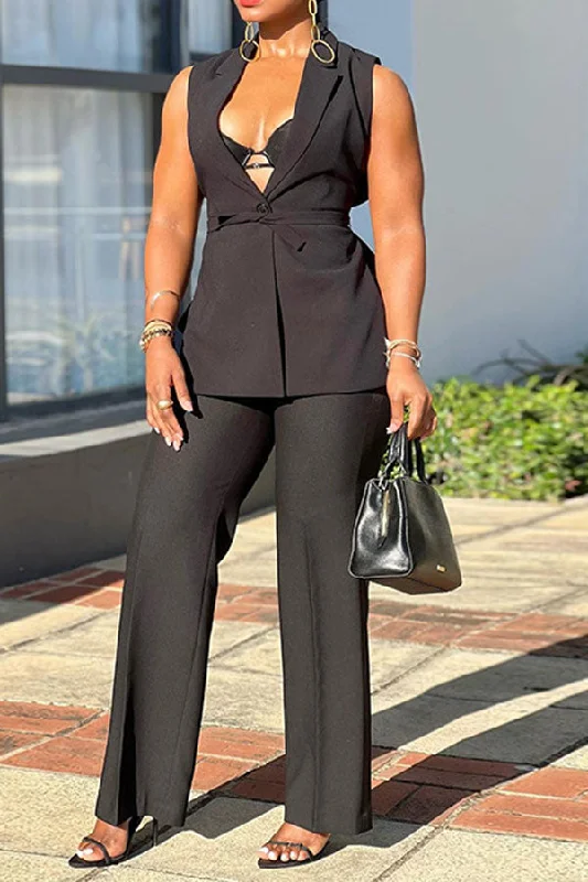 Solid Color Sleeveless Notched Lapel Feminine Lace-Up Pant Suit High-Waist Yoga Pants