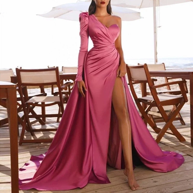 Wjczt Prom Wedding Party Dresses Women Evening Elegant Sexy One Shoulder Backless Satin Pleated Side Split Long Maxi Dresses Y2K Tunics Distressed trendy