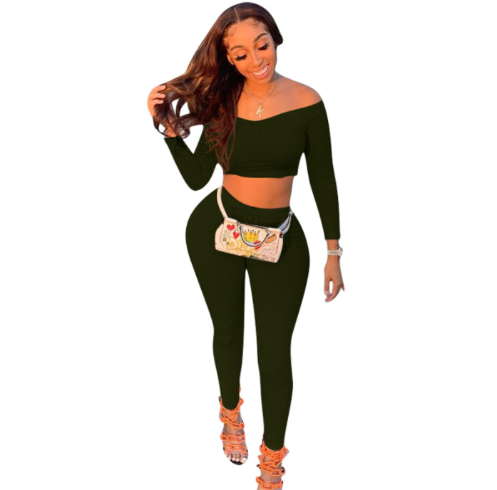 Solid Color Threaded One Shoulder Pants Set Cozy Fitted Pants