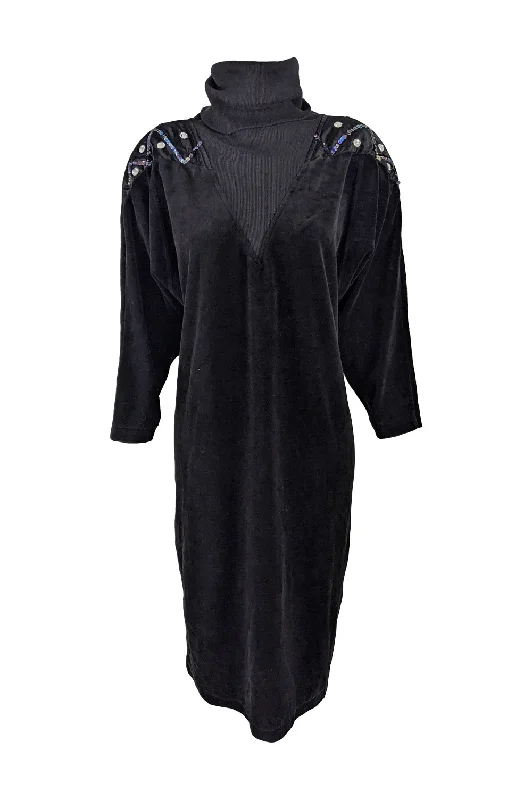 Vintage Black Velour Beaded Oversized Party Dress, 1980s Tunics Chic elegant