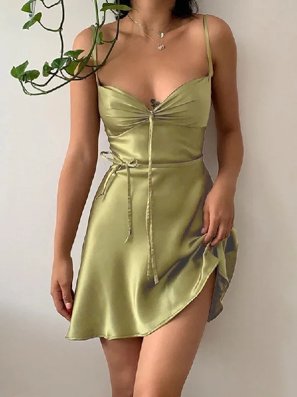 Wjczt Green Mini Dress Sexy Satin Slip Summer Dress Beach Outfits for Women Fashion Sleeveless Purple Slim Club Party Dresses Tunics Handmade artisanal