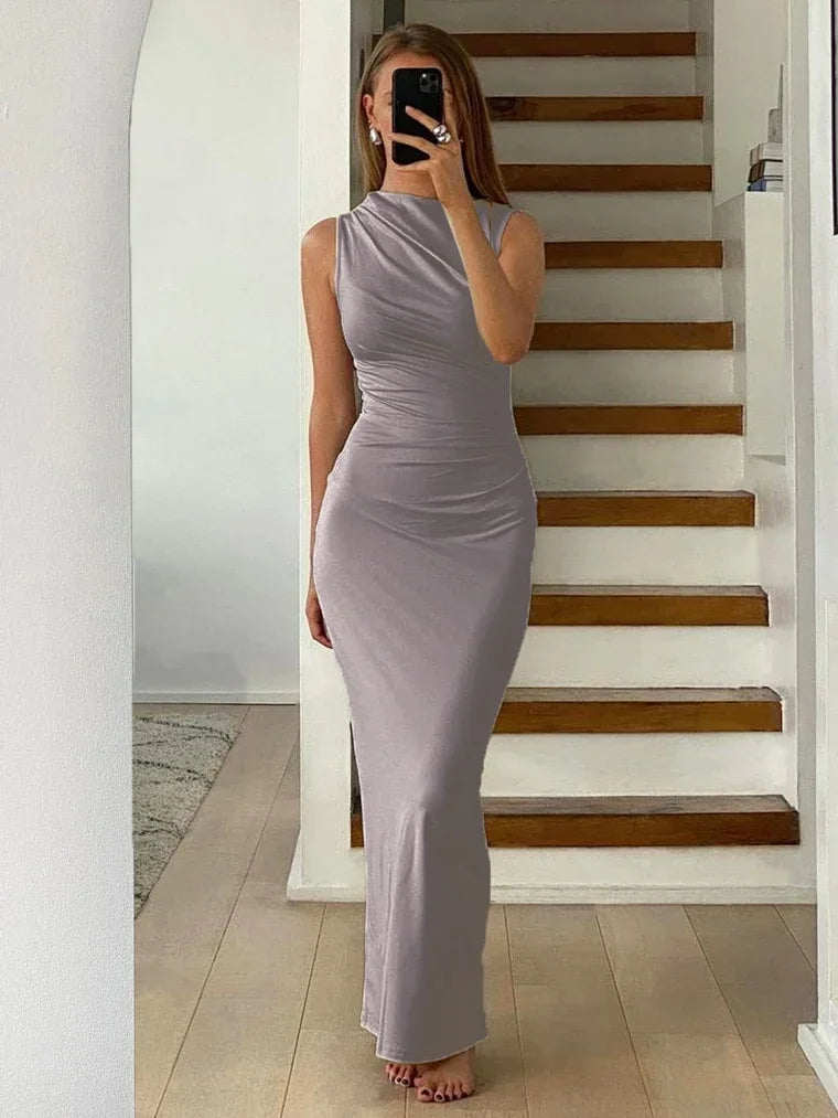 Wjczt Pleated Long sleeved Slim Maxi Dress Women Solid Fashion Elegant Party Dress Gown Off-Shoulder High Waist Bodycon Dress Tunics Silk luxurious