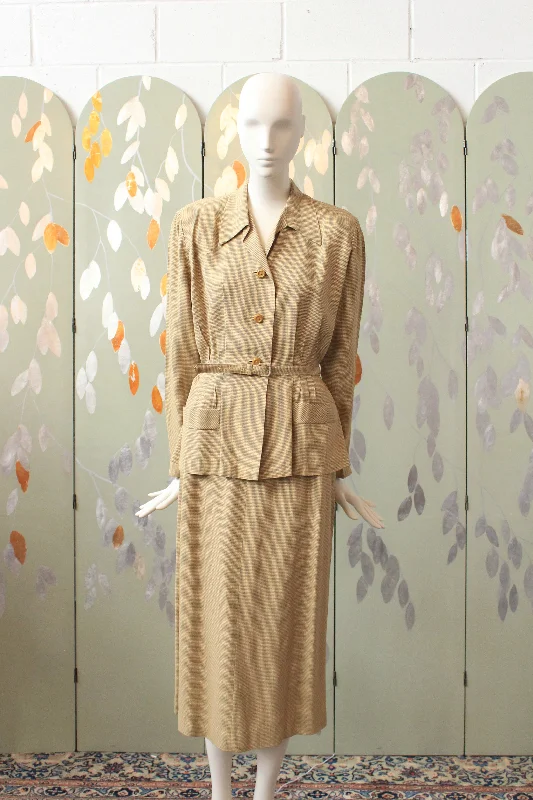 Vintage 1940s Yellow And Grey Star Houndstooth Skirt Suit Set, Medium linen skirt relaxed