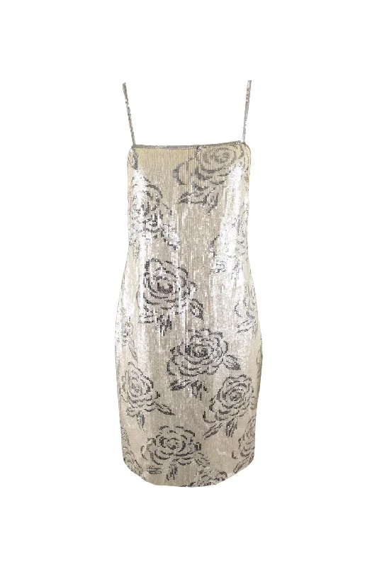 Vintage Floral Flapper Style Sequin Party Dress, 1980s Pleated Skirt Elegant