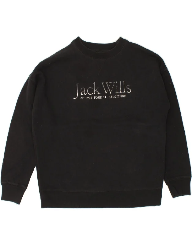 JACK WILLS Womens Oversized Graphic Sweatshirt Jumper UK 10 Small Black Hoodie with Batwing Sleeves Loose Dramatic