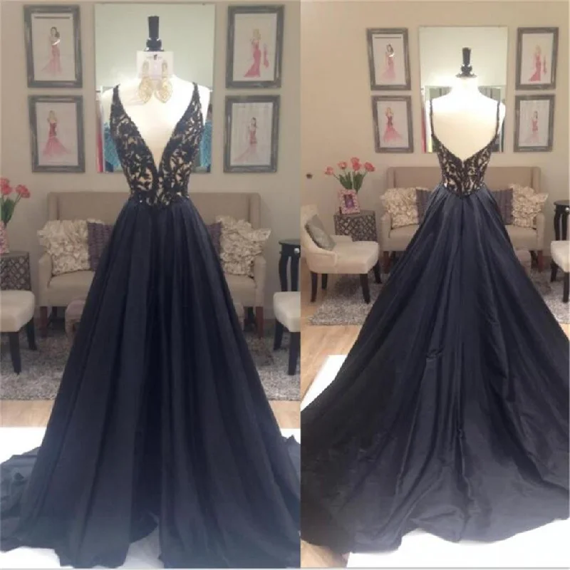 Black A-line Elegant Deep V-Neck Prom Dresses, Black Long Evening Party Dresses, Long Prom Dress,Prom Dresses Online, PD0198 Tunics Short Trendy