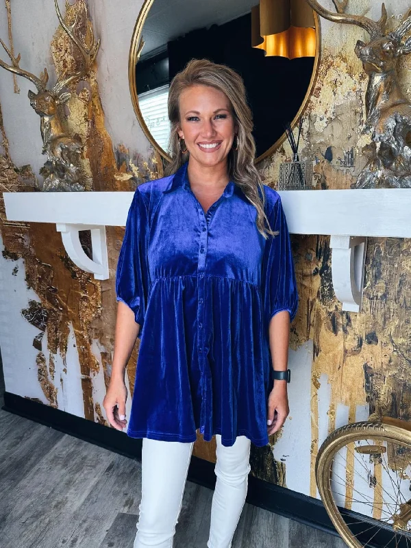 Velvet Sapphire Button Down Tunic Dress