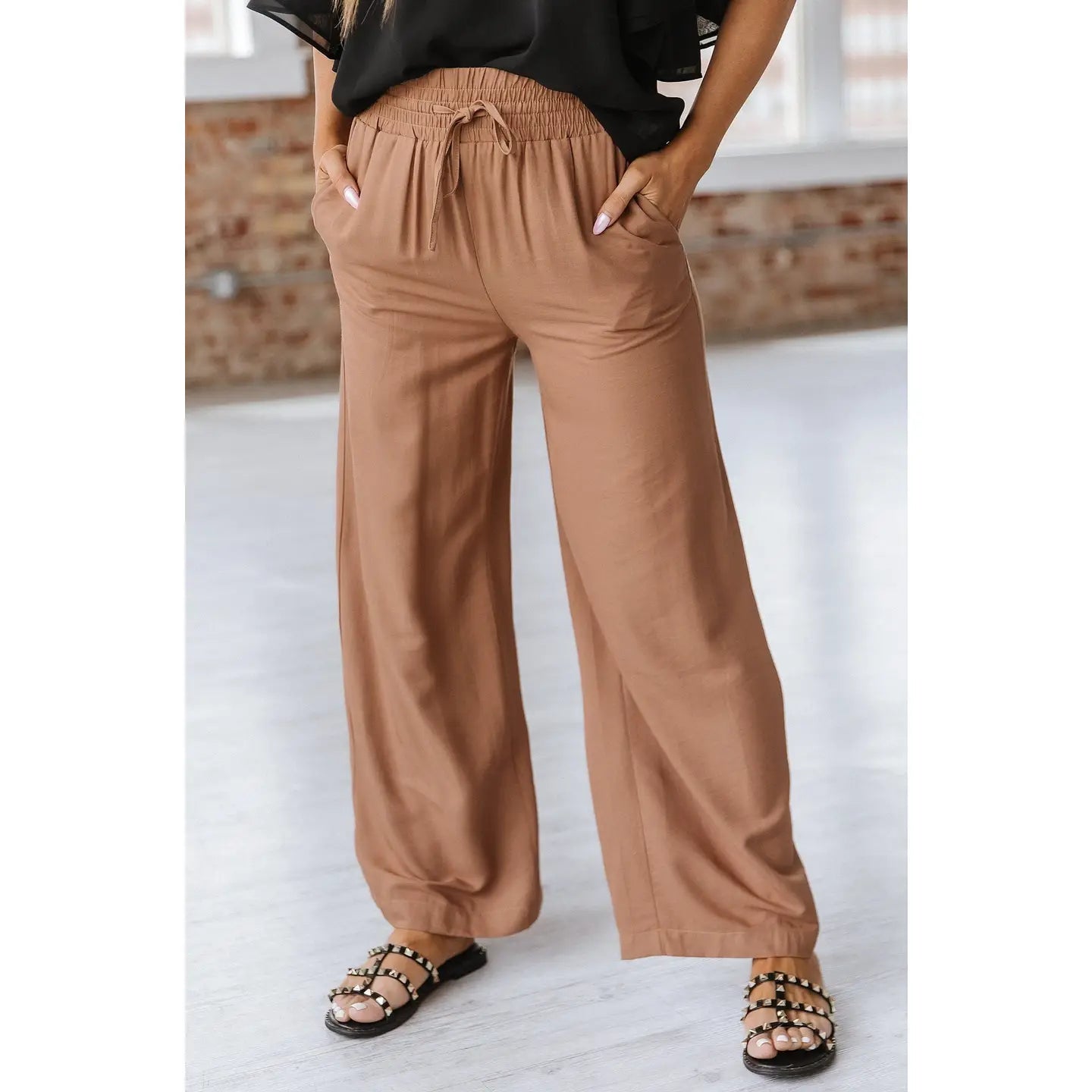 Brown Wide Leg Drawstring Pants Formal Dress Pants