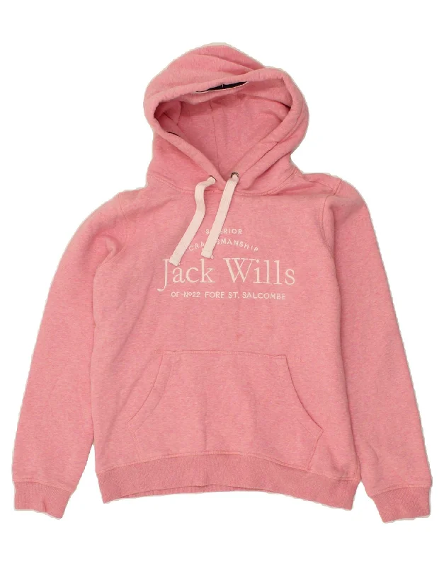 JACK WILLS Womens Graphic Hoodie Jumper UK 12 Medium  Pink Cotton Hoodie with Tied Waist Feminine Flattering