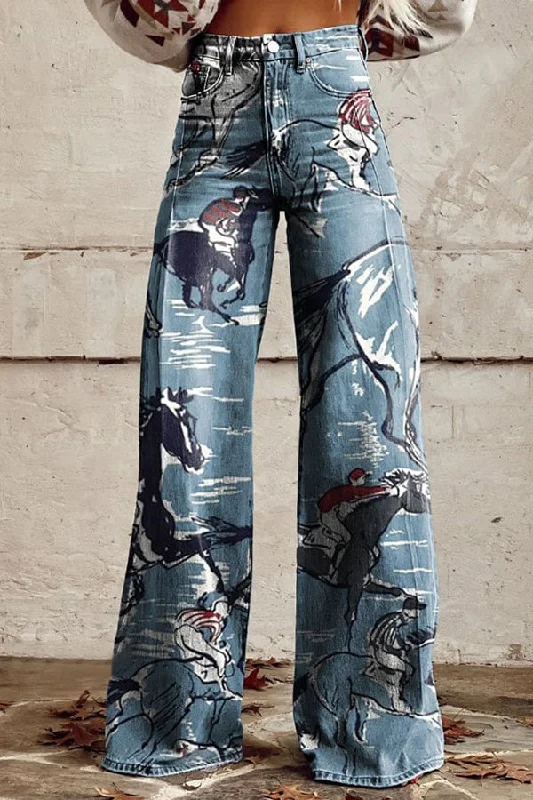 Women's Vintage Print Casual Wide Leg Pants Trendy Work Pants