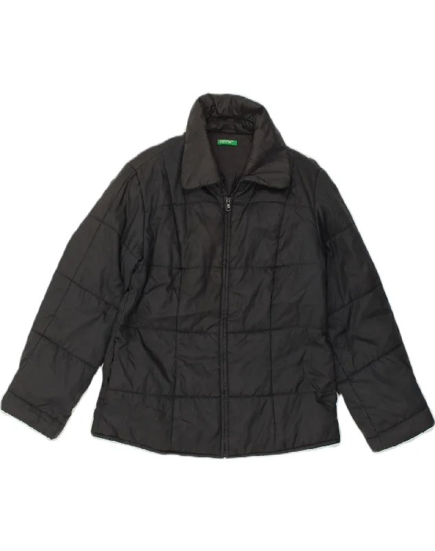 BENETTON Womens Padded Jacket UK 14 Medium Black Polyester Tiered Jacket Buttoned Jacket Zippered Jacket