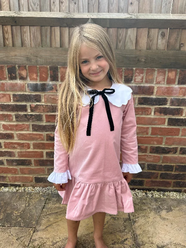 Phi Pink Velvet White Collared Dress Floral Print girly