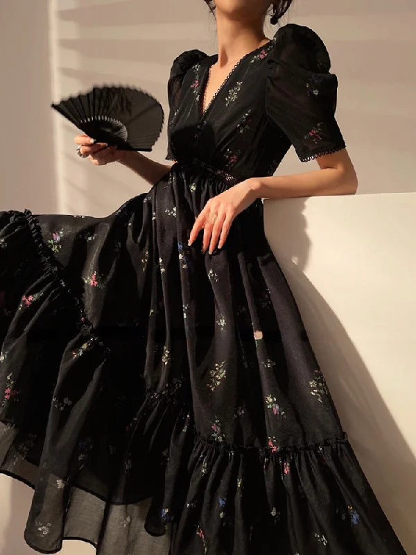 Wjczt Vintage Black Floral Midi Dress Women Short Sleeve French Elegant Dress Beach Summer Casual Korean Evening Party Dress Tunics Versatile stylish