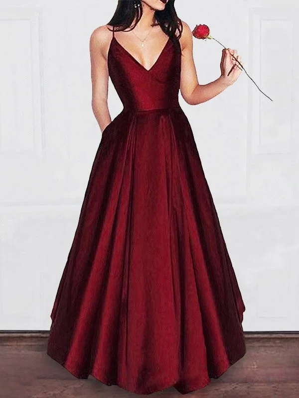 A-Line/Elegant V-neck Floor-Length Ruffles Satin Prom Dresses
