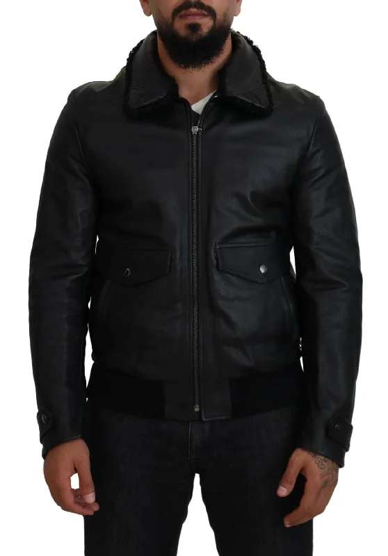 Chic Black Leather Silk-lined Jacket Tailored Jacket Straight Jacket A-Line Jacket