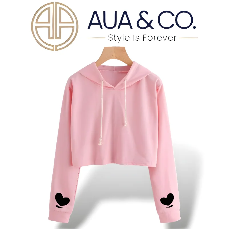 Stylish Women's Crop Hoodie - Pink with Black Heart Design | By AUA&CO Hoodie with Drop Shoulder Relaxed Streetwear