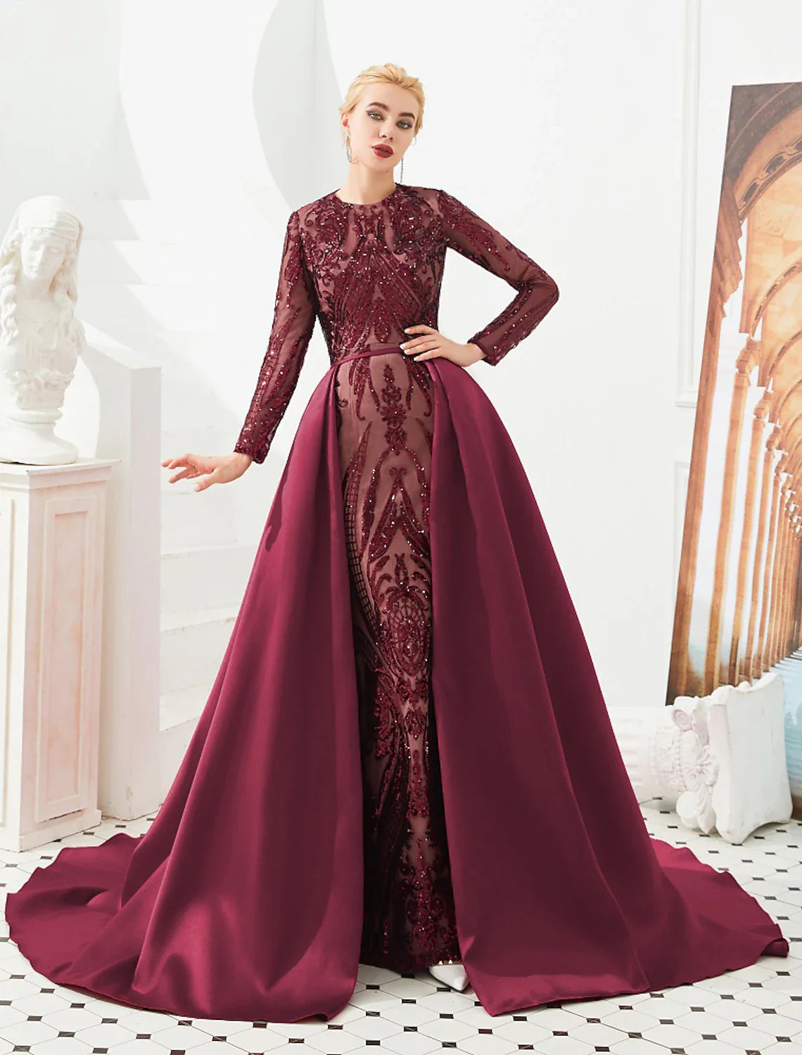 Mermaid Party Dress Evening Gown Luxurious Dress Carnival Wedding Guest Court Train Long Sleeve Jewel Neck Detachable Satin with Sequin Overskirt Pattern / Print Tunics Bridal satin
