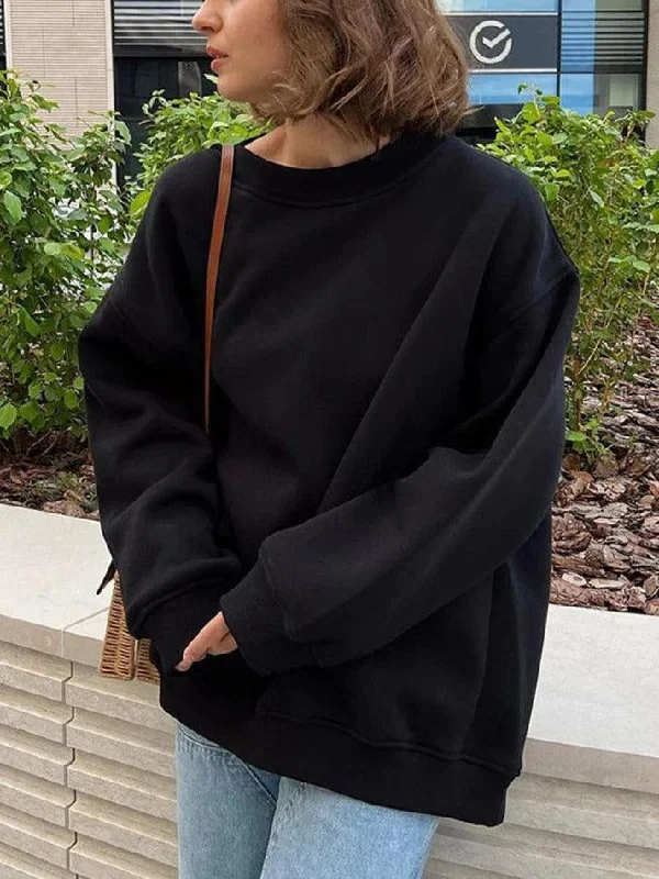 Solid Crew Neck Oversized Sweatshirt Hoodie with Lining Warm Insulated