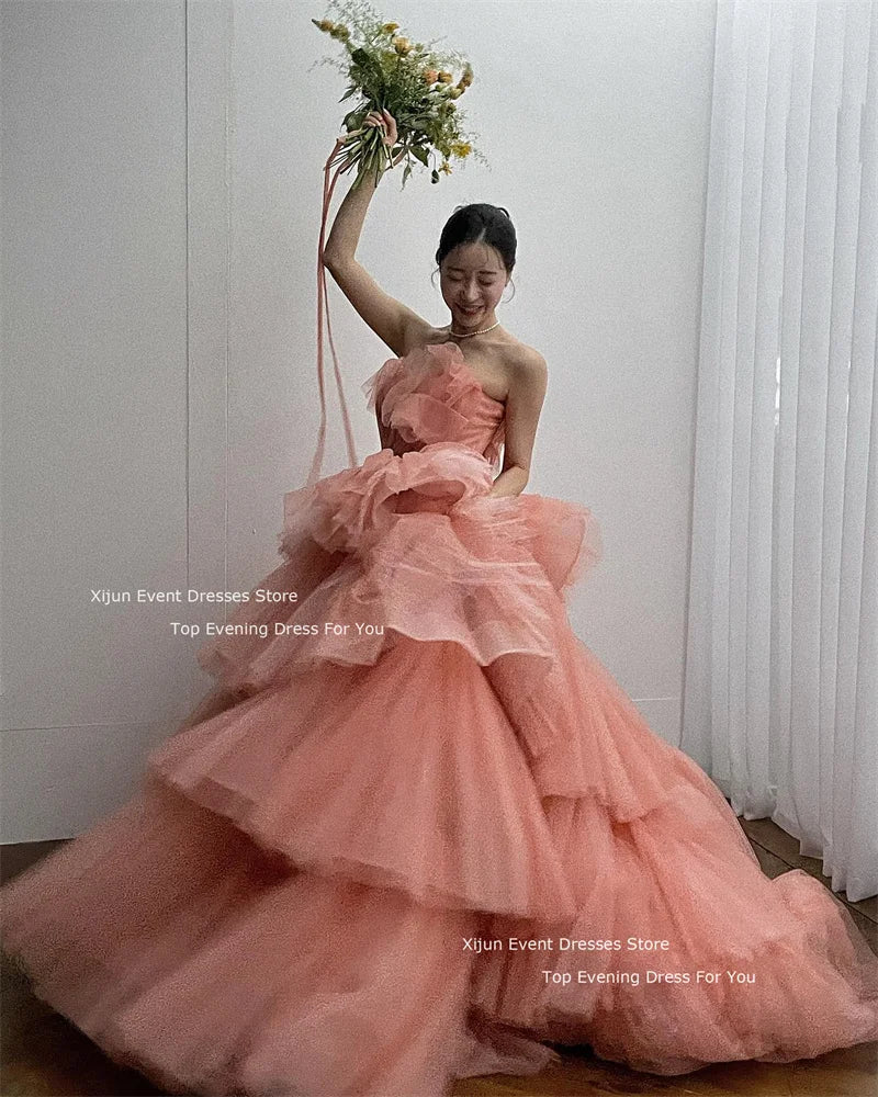 Wjczt Tulle Elegant Wedding Dresses Sleeveless For Korean Bridal Gowns Formal Photo Shoot Tiered Princess Party Dresses 2024 Tunics Trendy modern