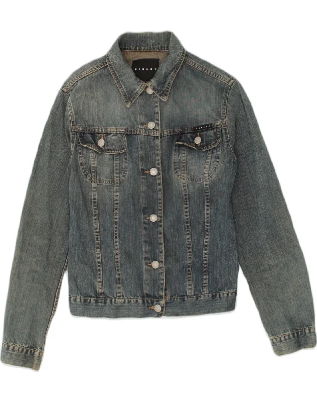 SISLEY Womens Denim Jacket UK 10 Small Blue Cotton Stand-Up Collar Roll-Neck Collar Turtle Neck