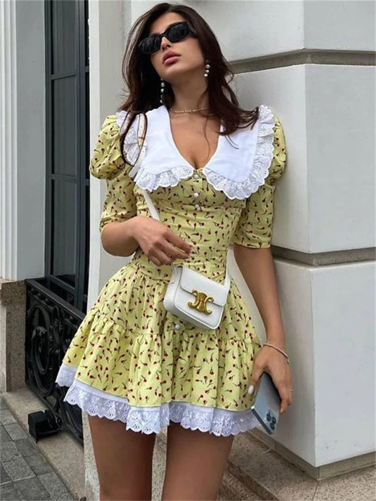 Wjczt Summer Printed Patchwork Mini Dress Female V-Neck Short Sleeve Slim Fashion Elegant Party Dress Gown For Women Dress 2024 Tunics Versatile functional