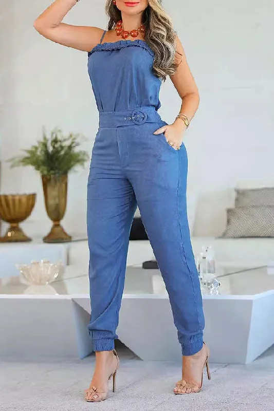 Blue Denim Urban Spaghetti Strap Ruffled Pant Suit Classic Flared Pants