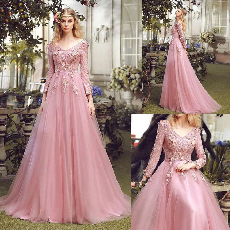 Long Prom Dress, V-Neck Prom Dress, Tulle Prom Dress, A-Line Prom Dress, Long Sleeve Prom Dress, Applique Prom Dress, Party Dresses, Evening Dresses, LB0693 Tunics Sophisticated sleek