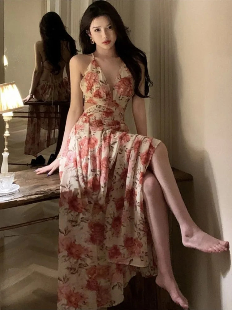 Wjczt Summer Sexy Beach Style Party Dress Women Korean Casual One Piece Sleeveless Floral Long Dress Lady V-neck Outwear Tunics Sophisticated sleek