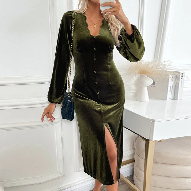 IKEARLAX New new Valentine's Day velvet skirt temperament elegant medium and long dress lace collar party dress dress Mermaid Tail Wedding