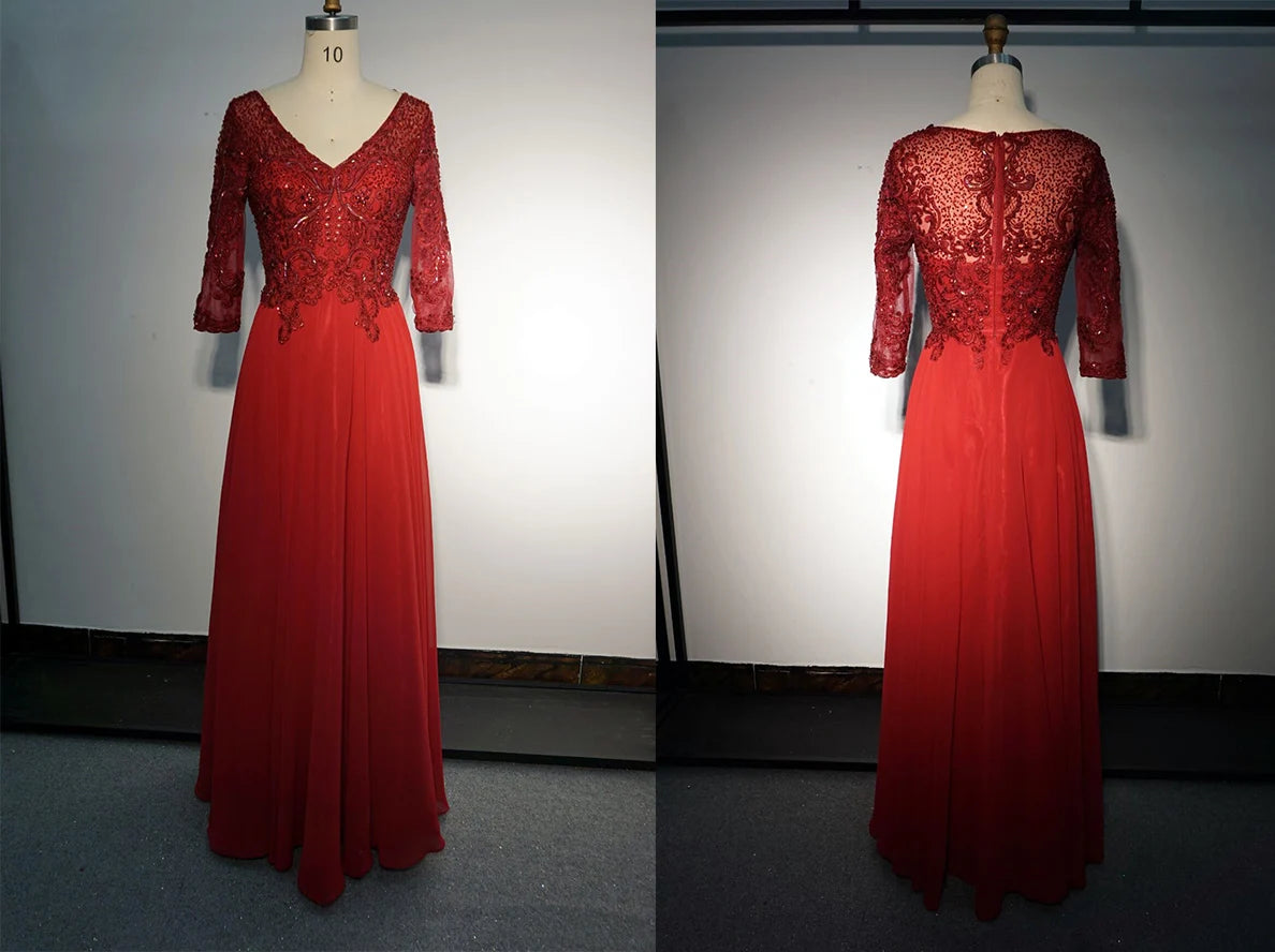 Aline Sequined Applique Long Formal Red Mother of Bride Dress with Sleeves Tunics New arrival