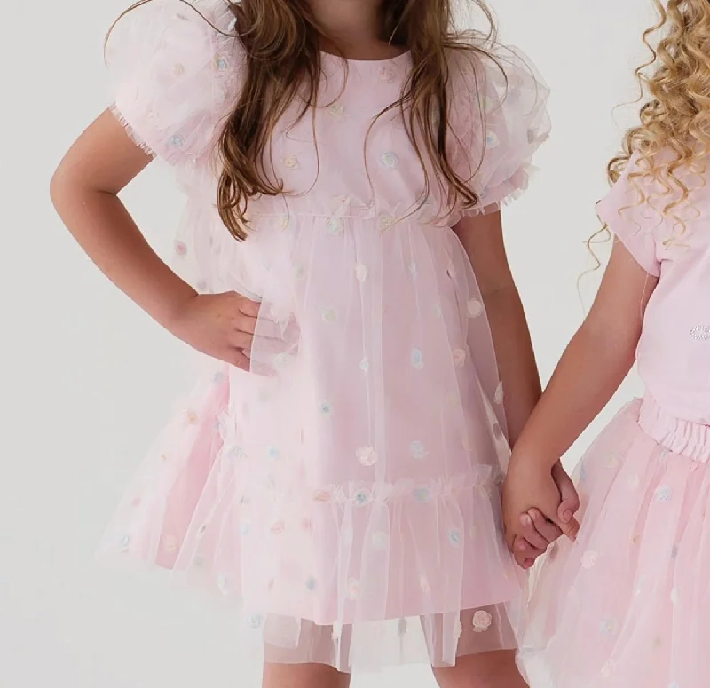 Daga Pink Tulle Rose Applique Puff Sleeve Dress Tunics Long Elegant