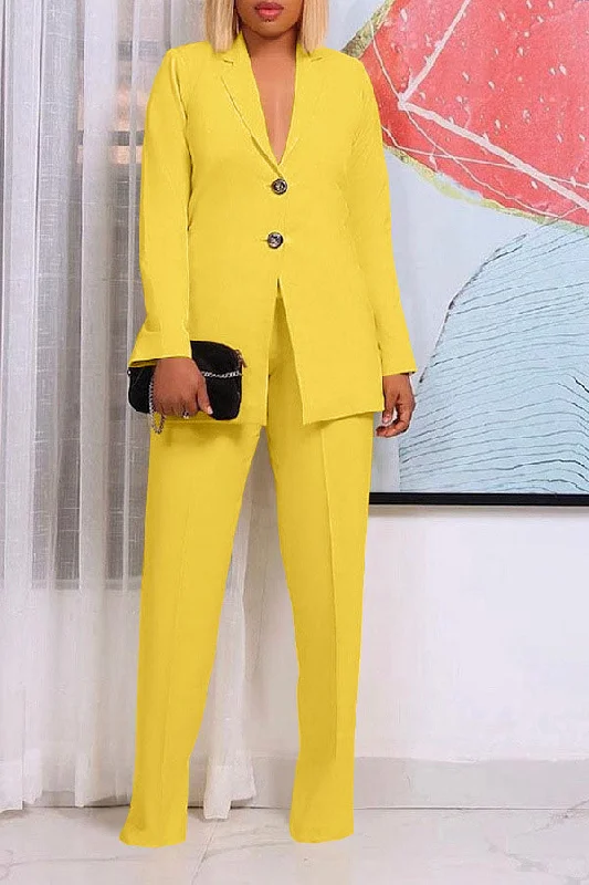 Solid Color Notched Lapel Feminine OL Pant Suit Trendy Wide-Leg Pants