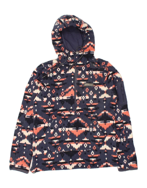 COLUMBIA Womens Hoodie Jumper UK 10  Small Navy Blue Fair Isle Aztec Hoodie with Slim Fit Tailored Modern