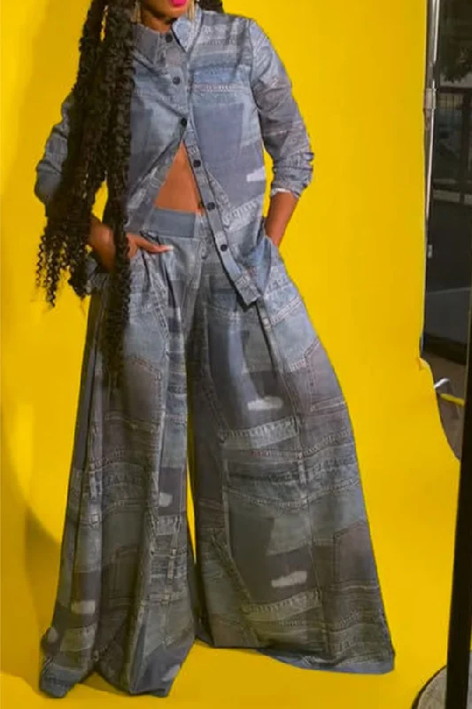 Imitation Denim Print Chic Wide Leg Pant Suit Classic Chino Pants