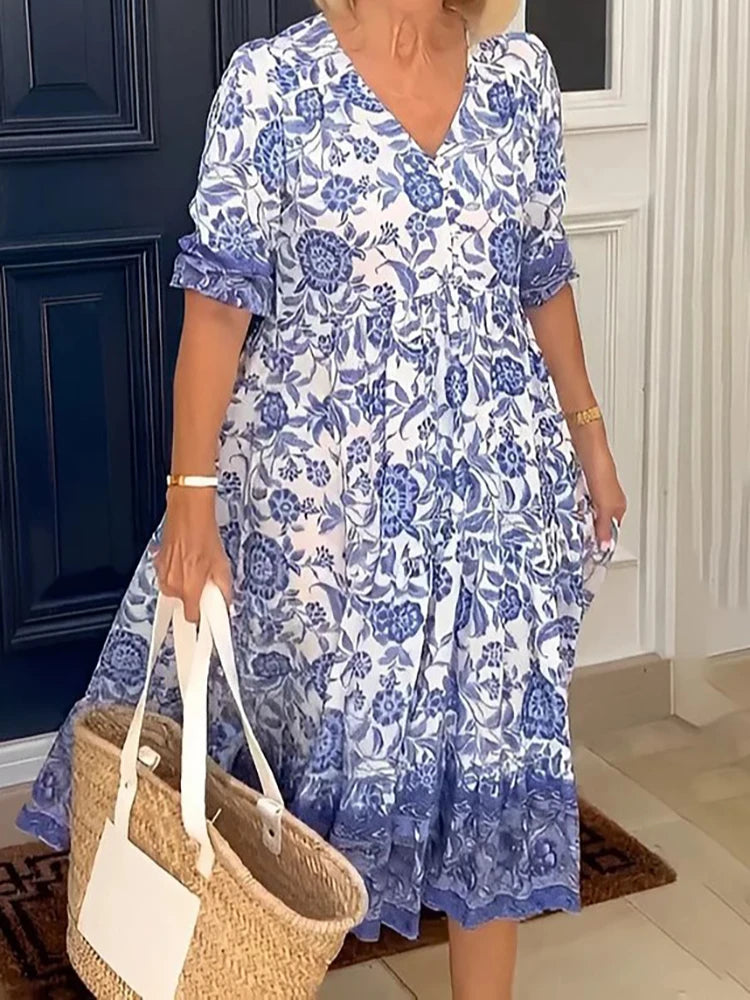 Boho Print Dress Women Summer Long Dress Female Fashion V Neck Half Sleeve Dress Ladies Loose Oversized Beach Party Dress Tunics Leisure comfortable