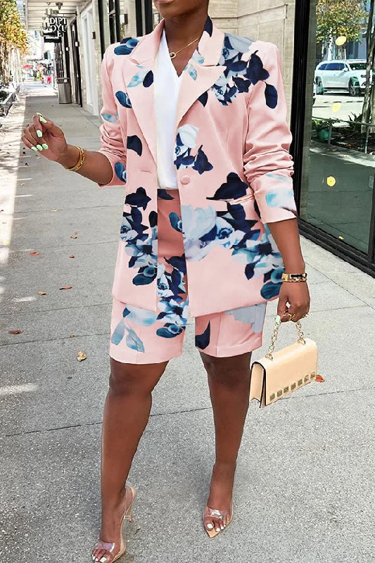 Floral Print Peak Lapel Elegant Pant Suit Trendy Palazzo Pants