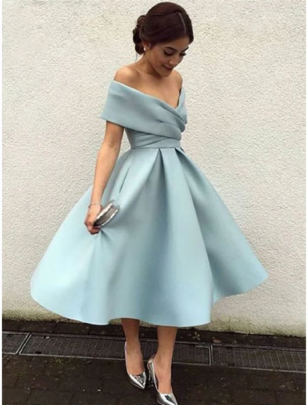 A-Line Cocktail Dresses Party Dress Homecoming Tea Length Short Sleeve V Neck Stretch Fabric V Back with Pleats Tunics Top Casual
