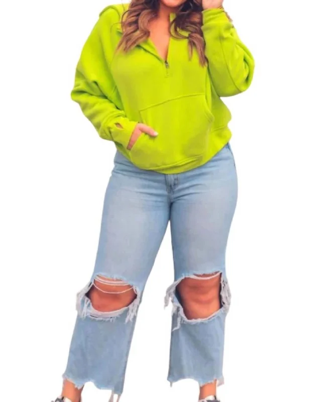 Kenna Hooded Quarter Zip Sweatshirt With Thumb Holes In Neon Green Hoodie with Monochrome Minimalist Simple