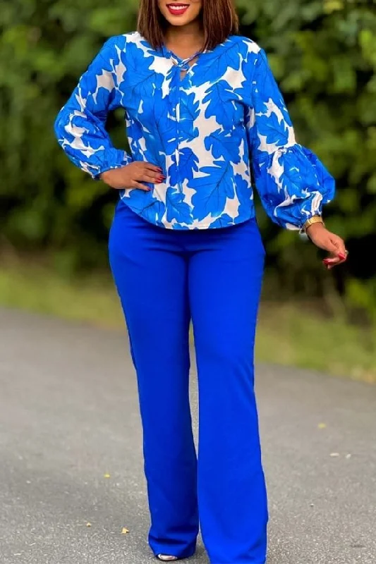 Leaf Print Strappy Puff Sleeve Urban Pant Suit Comfortable Wide-Leg Pants