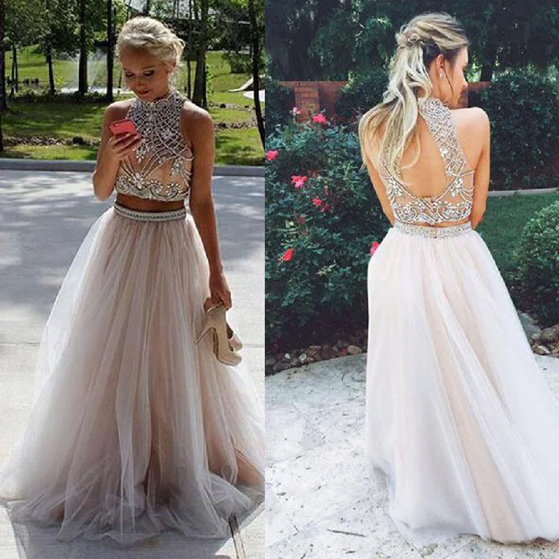 Long Prom Dresses, Tulle Prom Dresses, A-Line Party Dresses, Two Pieces Evening Dresses, New Arrival Prom Dress with Beads , Sexy Prom Dresses, Open-Back Prom Dress, LB0543 Pleated Skirt Elegant